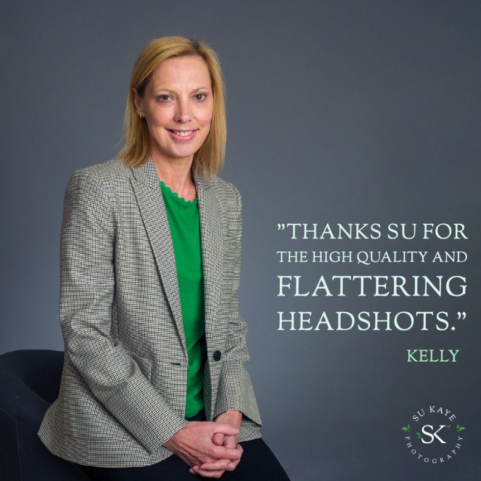 A professional headshot of a woman in a gray blazer and green blouse seated, with a testimonial text overlay thanking the photographer.
