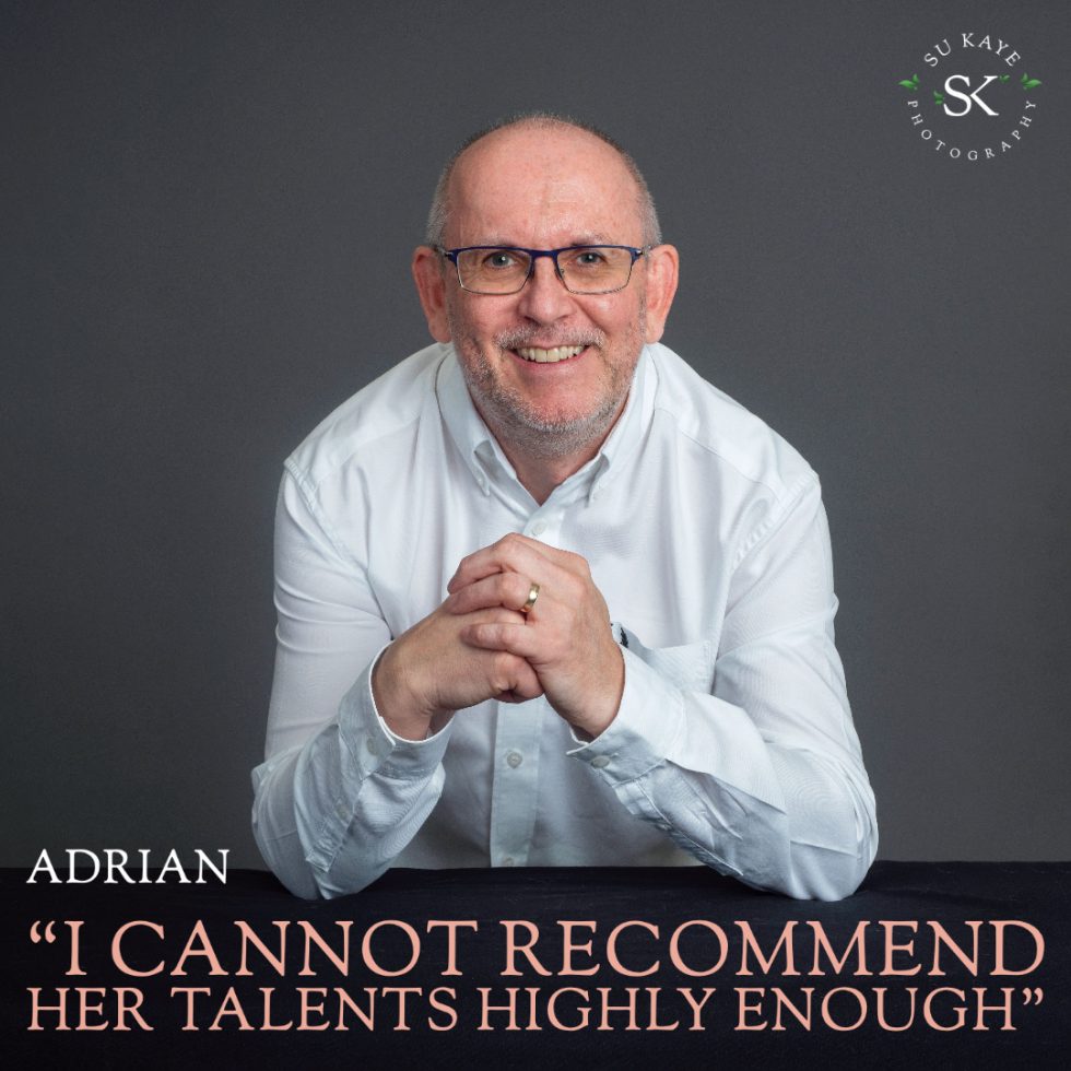 Portrait of a smiling bald man with glasses, wearing a white shirt. includes a quote praising someone's talents and text with the name 