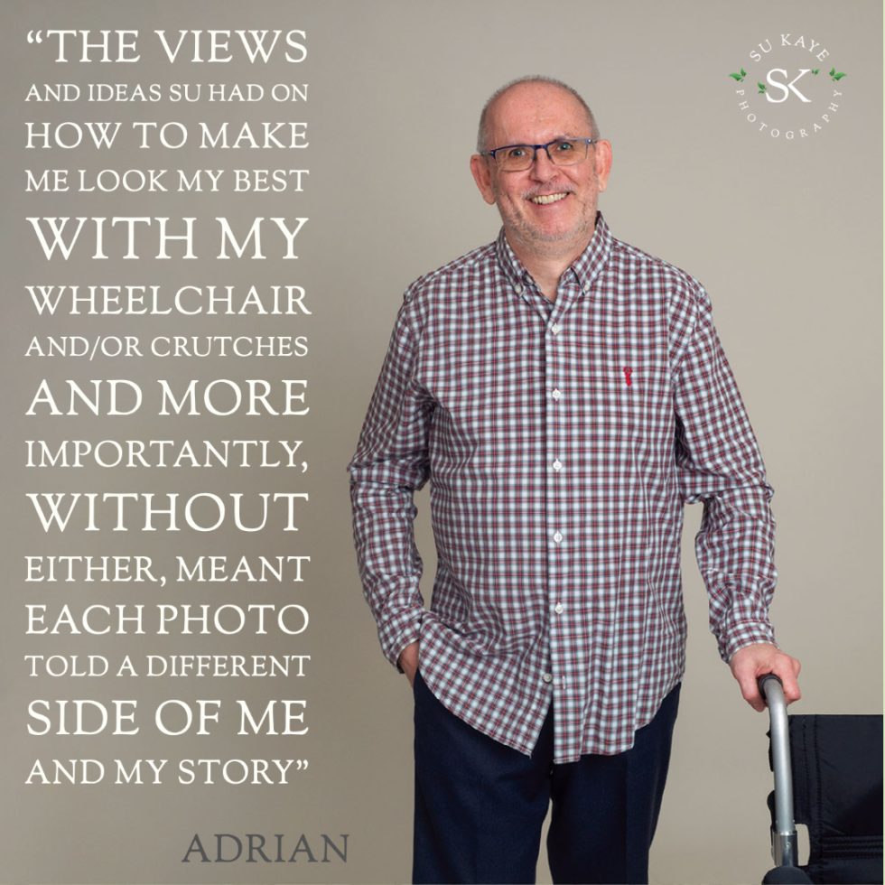 A smiling middle-aged man in glasses and a plaid shirt stands with a cane, text overlay discusses his positive experience with the photographer.