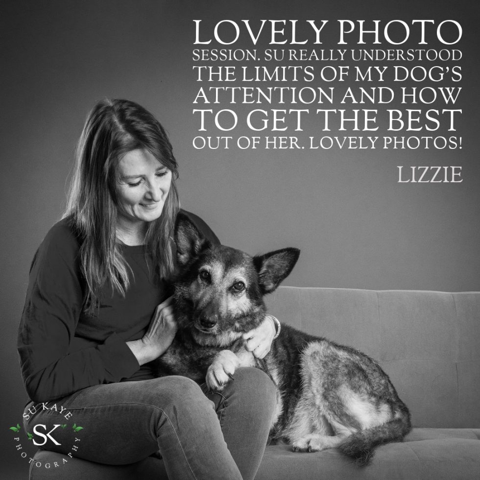 Woman smiling and petting a german shepherd on a sofa, both looking content, with a testimonial about a photography session overlayed on the image.