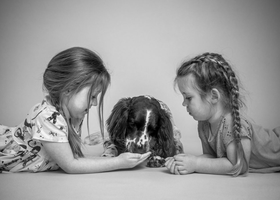 Two young girls lying on their stomachs, feeding a dog from their hands, against a plain background. all focused on the food. black and white photo.