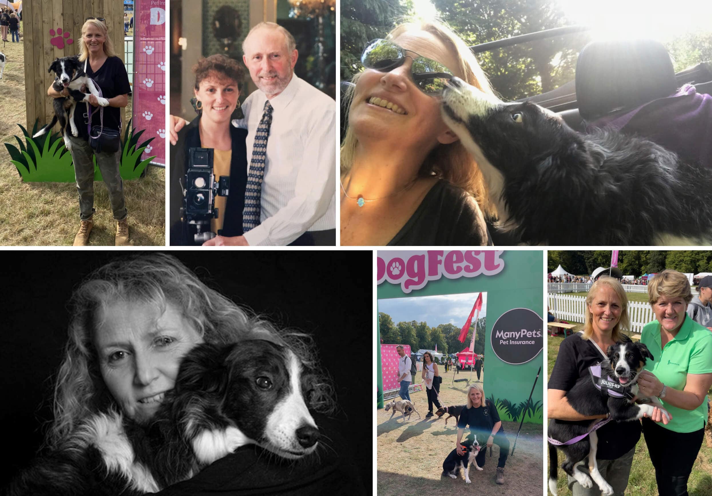 A woman is shown in various scenes, including posing with a dog, standing with a man, holding a camera, and appearing at a dog festival.